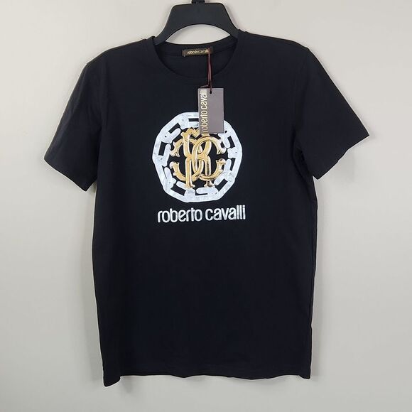 NEW Roberto Cavalli Mens Short Sleeve Chainlink Graphic Tee Small - Picture 1 of 6